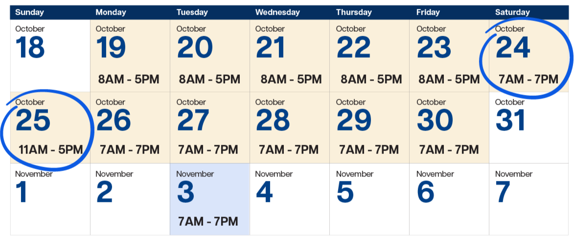 Calendar graphic showing voting dates. Early voting is Oct. 19-30, 2026 and Election day is Tuesday, Nov. 3, 2026.