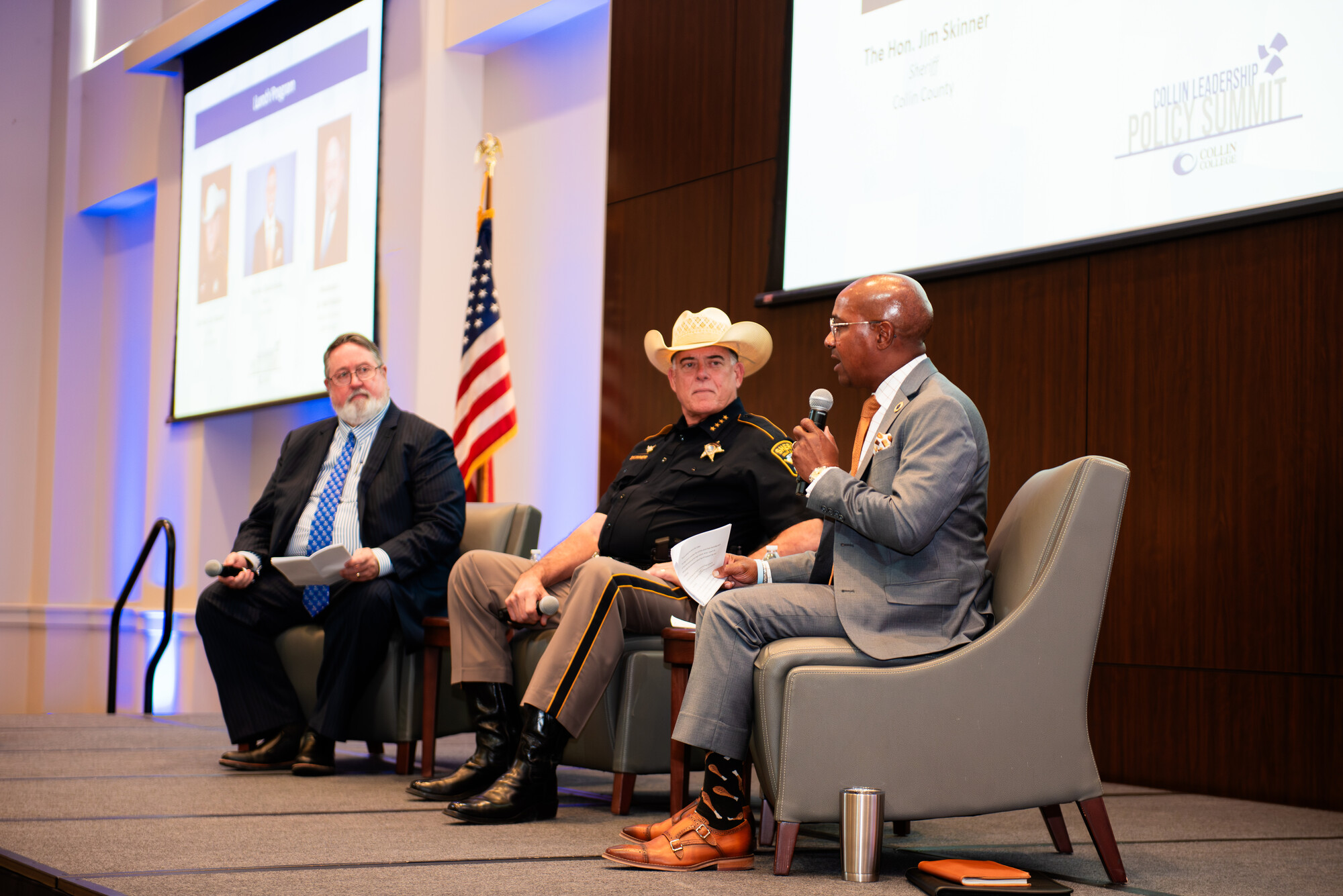 Allen Mayor Baine Brooks discusses public safety with Collin College President Dr. Neil Matkin and Collin County Sheriff Jim Skinner.