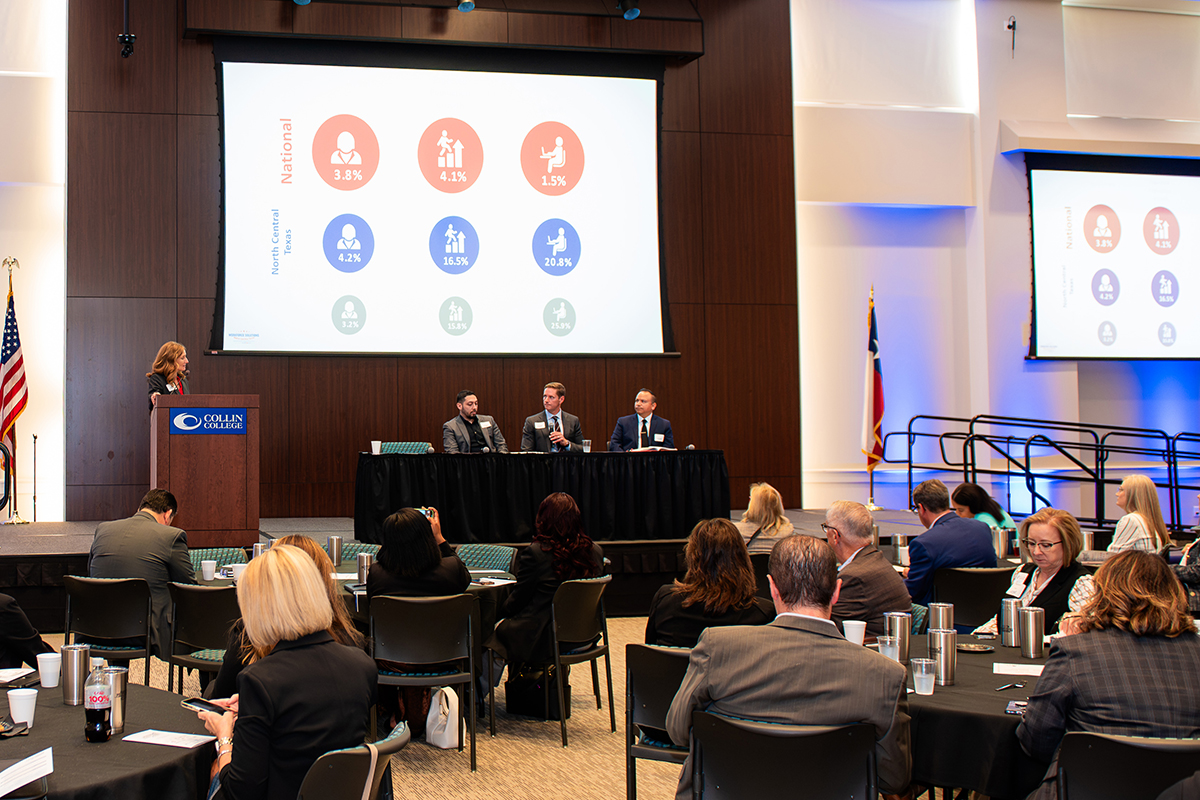 A panel discussion moderated by Phedra Redifer featuring Ben Coogan, chief executive officer for Medical City Plano/Frisco, Robert Flores, pipeline and acceleration programs lead for Raytheon, and Gilberto Atayde, executive director of the Greater North Texas Hispanic Chamber of Commerce