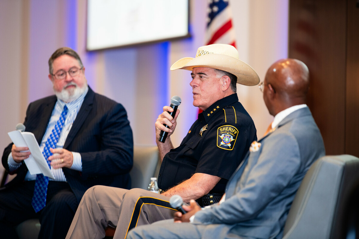 Collin College hosts its second annual Leadership Policy Summit on October 4, 2023. Picture from "A Tribute to Law Enforcement" Moderator: Dr. H. Neil Matkin, District President, Collin College The Hon. Baine Brooks, Mayor, City of Allen The Hon. Jim Skinner, Sheriff, Collin County