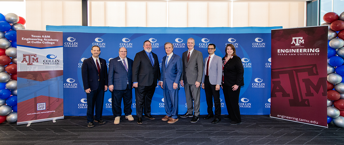 Representatives from Texas A&M University, Collin College, legislators, and officials from multiple cities were present for the ceremonial launch of the new Texas A&M Engineering Academy at Collin College which will start this fall. Pictured are (from left) Collin College Executive Vice President Dr. Bill King, Collin College Board of Trustees Chair Andrew Hardin, Collin College District President Dr. Neil Matkin, Texas A&M University System Chancellor John Sharp, Texas A&M University Provost Dr. Alan Sams, Texas A&M Engineering Interim Vice Chancellor, and Dean Dr. Joe Elabd, Texas A&M Engineering Assistant Vice Chancellor for Academic and Outreach Programs Dr. Cindy Lawley.