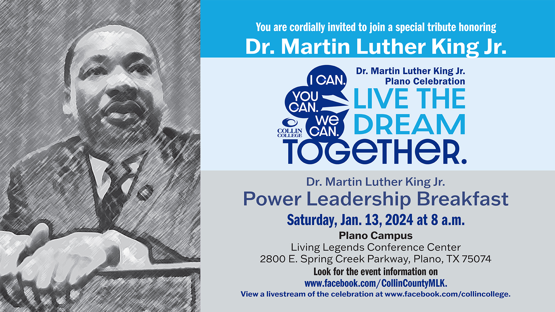 Invitation slide for the Dr. Martin Luther King Jr. Power Leadership Breakfast on Jan. 13 at 8 a.m. in the Collin College Plano Campus Living Legends Conference Center